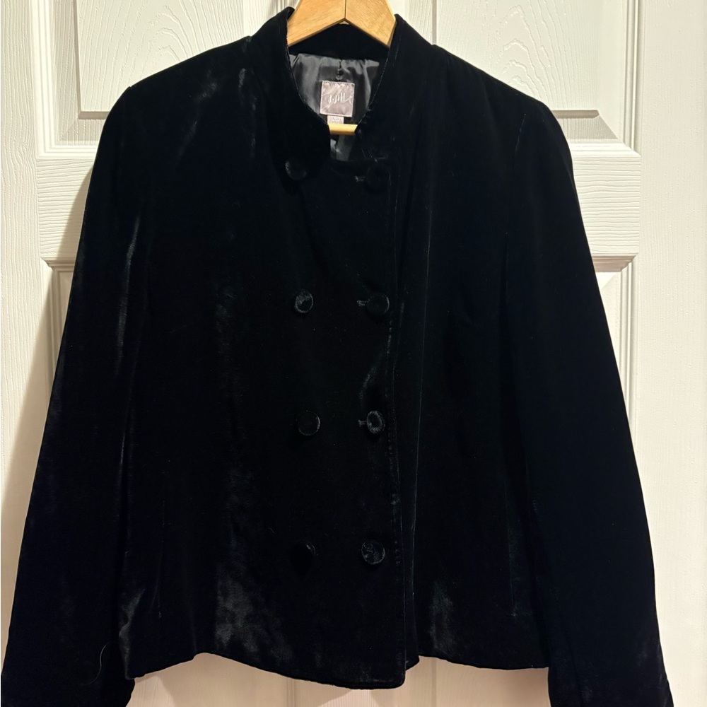 J Jill Black Velvet Double Breasted Jacket with Mandrin Collar Medium Chic